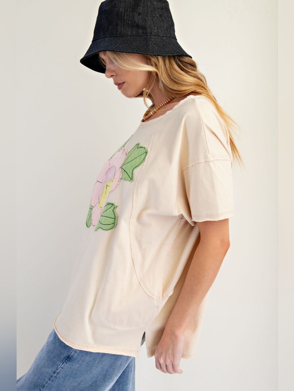 2-0411 EASEL flower Patch Cotton Mineral Washed Soft Top With Pockets Boutique - Picture 3 of 7